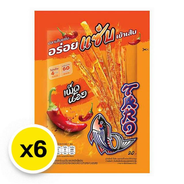 Sawan fish snack, squid-flavored strips with dipping sauce, mildly spicy, 18g ( Pack of 6 )